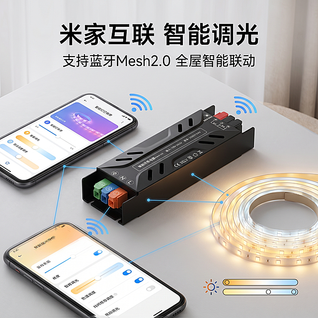 [主图-10] 米家智能蓝牙mesh2.0智能电源全屋智能生态搭配展示。
[氛围风格] 智能家居生态，展示联动体验
[画质] 商业场景摄影质感，清晰通透，真实自然。
[元素] 米家智能电源放置在画面中心，周围环绕展示手机米家APP控制界面、智能灯带、色温调节效果图标，展示产品在整个智能家居系统中的连接作用。保持电源产品外观和原图一致，生态元素做辅助展示不喧宾夺主。
[光影] 现代家居柔和光线，整体氛围明亮科技感，产品主体清晰突出。
[配色] 黑色产品主体，浅灰背景，搭配米家蓝色点缀，整体科技简约风格。
[视角构图] 中心产品环绕生态元素的版式，整体饱满均衡，产品主体占比合适。
[文字版式] 顶部大标题 "米家互联 智能调光"，底部小字 "支持蓝牙Mesh2.0 全屋智能联动"，文字简洁突出核心卖点。
[比例分辨率] 1:1比例，2k分辨率，文字清晰可辨，超高清。
[负向提示词] 变形，水印，文字错乱，产品主体被遮挡，生态元素喧宾夺主