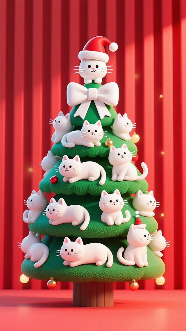 3D猫咪圣诞树，萌猫环绕