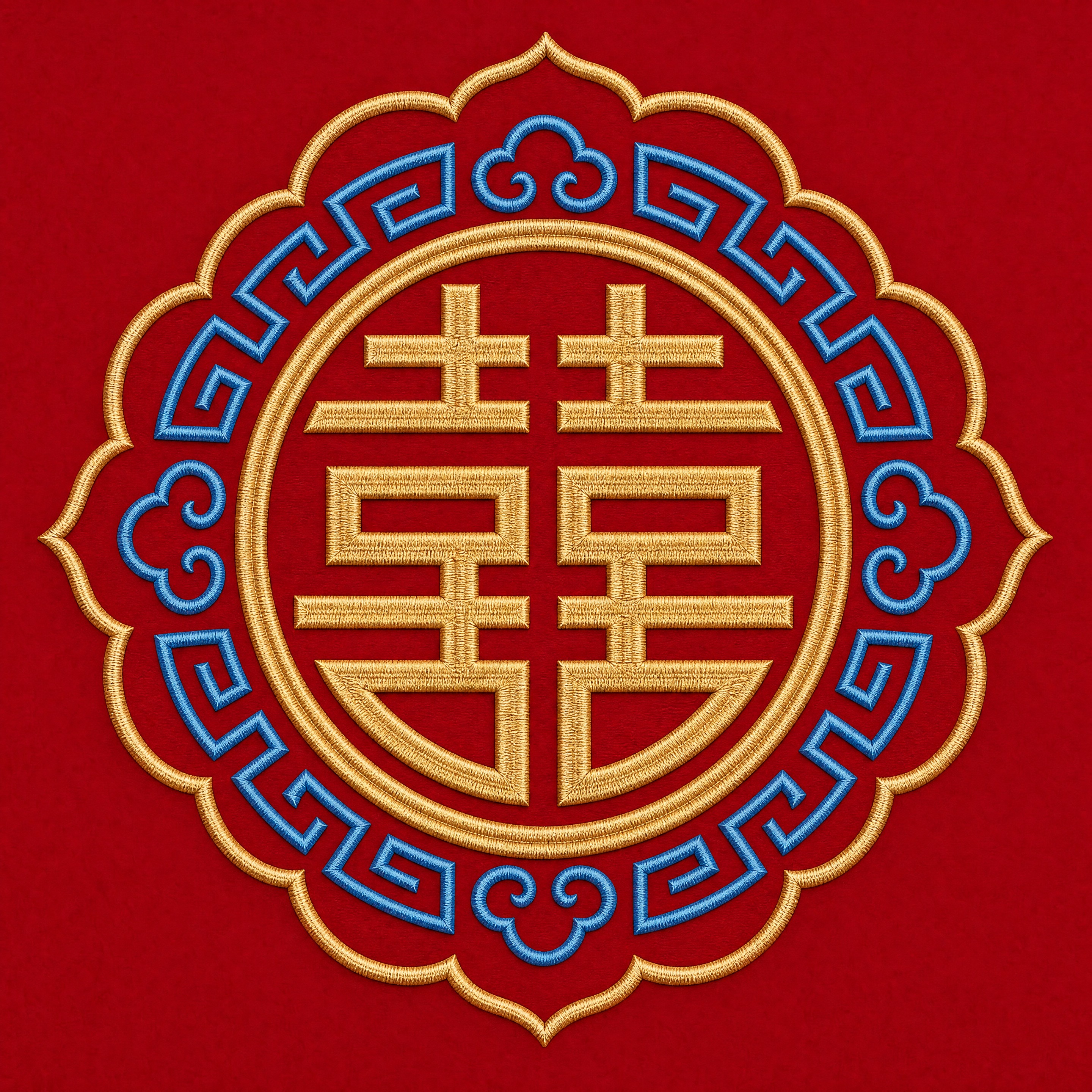 将参考图中喜字外围的蓝色图案重新设计为简洁不复杂的样式：蓝色纹… - 图片创意预览