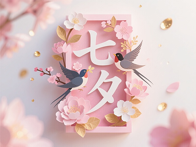 浪漫七夕，剪纸风插画，大字“七夕”点缀，中式甜美感，花鸟相映。