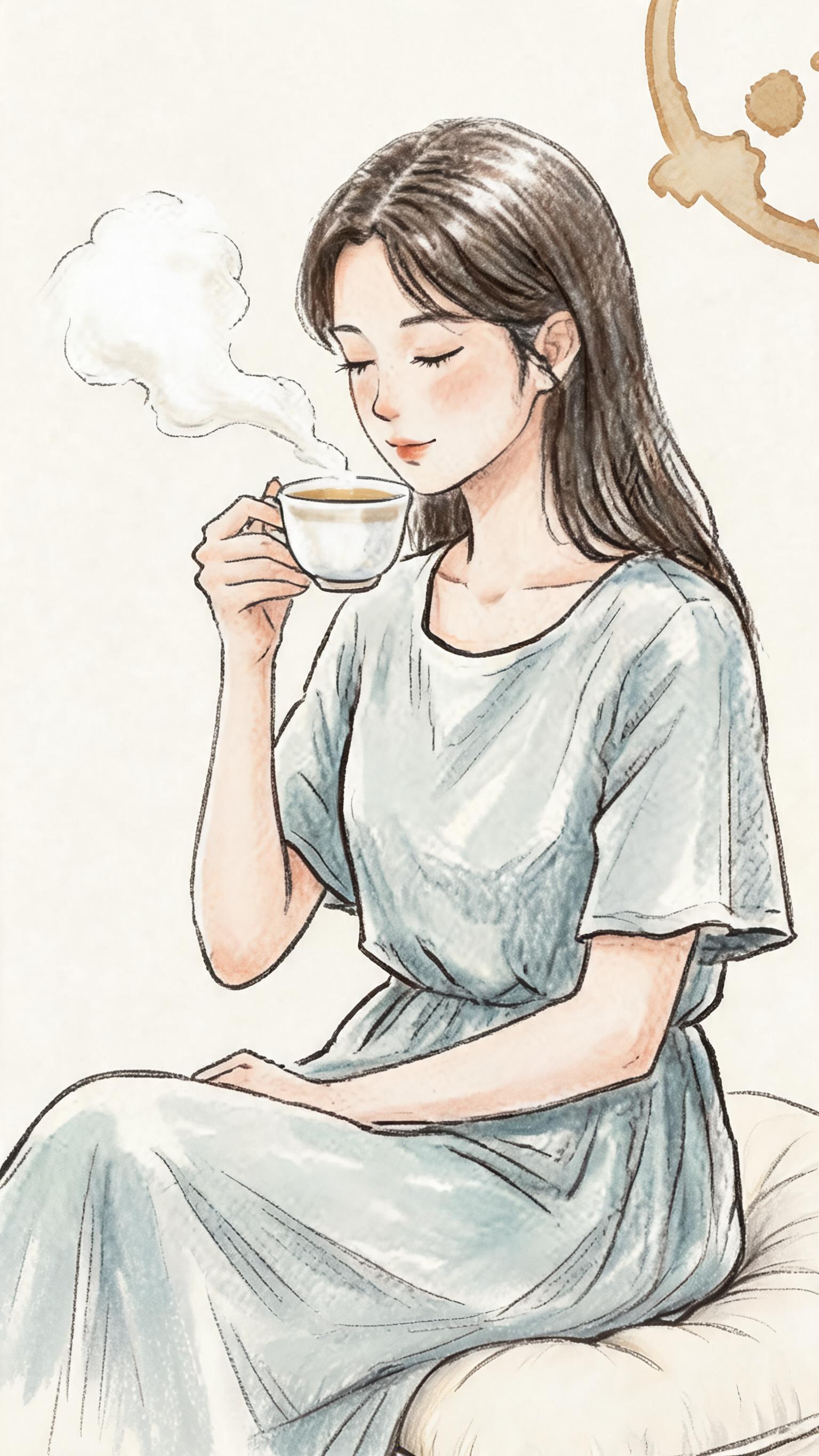 柔和细腻的水彩/彩铅手绘风格插画，参考图里是一位留着深色长直发… - 图片创意预览