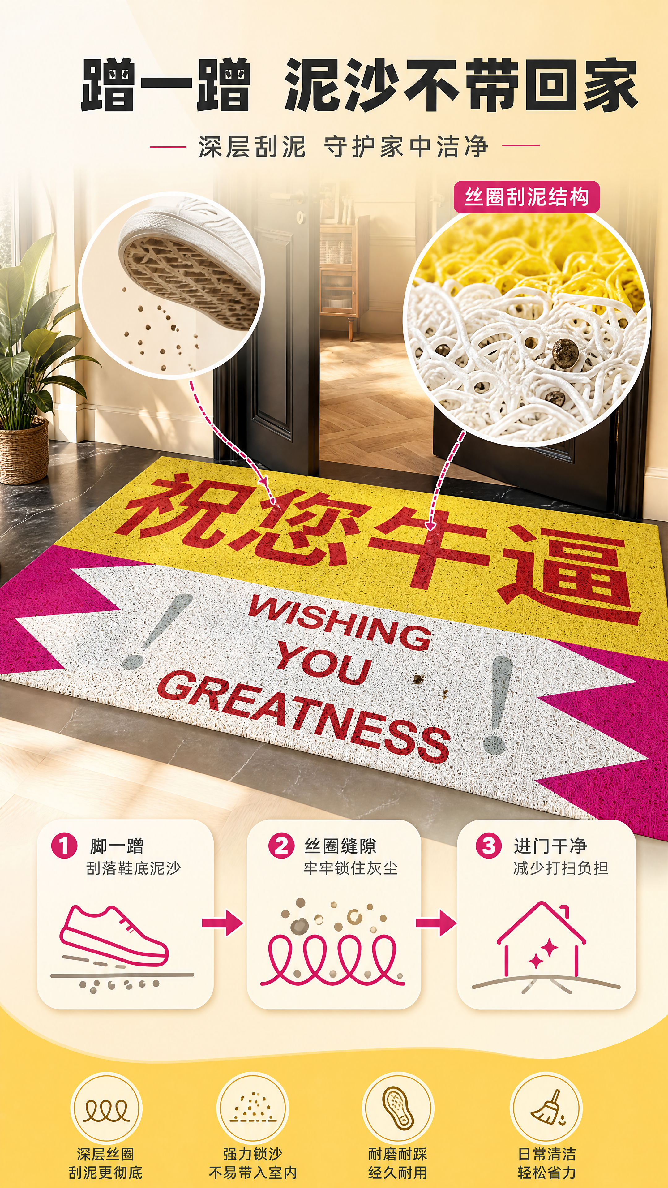 [商品] 使用【图1】黄白粉撞色"祝您牛逼"文字丝圈入户地垫；… - 图片创意预览