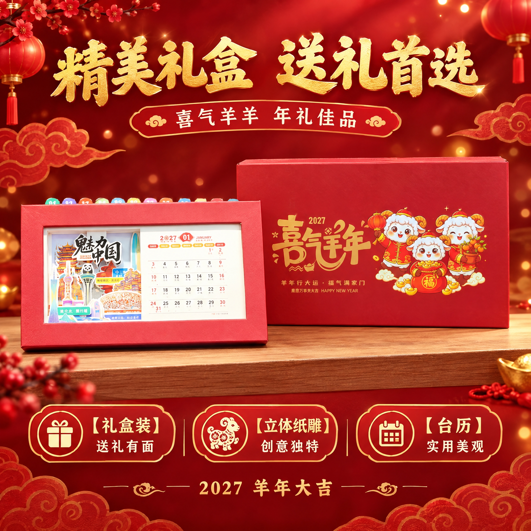 [主图-5] 礼盒包装展示，呈现台历+礼盒的完整送礼效果，突出… - 图片创意预览
