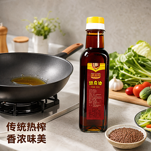 [主图-4] 家庭厨房食用场景展示主图。
[氛围风格] 温馨生活场景，真实代入感，突出家常使用；
[画质] 商业摄影质感、光线柔和通透、产品清晰真实、画面干净高级。
[元素] 胡麻油瓶放置在干净的厨房料理台面上，旁边是正在烹饪的中式炒锅，锅中倒入少量胡麻油，油光清亮，旁边摆放新鲜蔬菜食材和亚麻籽小碗，背景为简洁的浅灰色厨房墙面，营造温馨家常烹饪氛围。保持产品外观（即物理结构、材质质感、颜色）与输入产品图绝对一致，杜绝任何变形和色差，精细化处理。商品主体占比控制在60%左右；画面满屏无边框。
[光影] 厨房柔和顶光加侧光，整体光线温暖明亮，油体质感通透，阴影柔和自然，贴近日常做饭光线感受。
[配色] 主色深棕瓶身+浅灰色厨房背景；辅色食材绿色，锅具黑色，整体和谐自然的家居色调。
[视角构图] 45度斜侧平视，产品与场景结合，景深适中，背景虚化突出产品主体。
[文字版式] 画面左下角写"传统热榨 香浓味美"，深棕色粗体字，贴合场景，不遮挡产品主体，清晰可读。
[比例分辨率] 1:1 比例，4k分辨率；文字清晰锐利，画面超高清。
[负向提示词] 变形，水印，文字错乱，产品图模糊，背景杂乱，绝对化违禁词，夸大描述