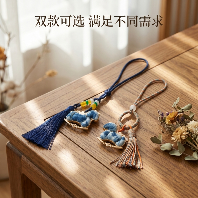 [主图 8] 原木茶桌摆放展示；
[氛围风格] 雅致禅意，桌面陈列；
[画质] 商业摄影质感、光线柔和通透、产品清晰真实、画面干净高级。
[元素] 双款扎染小马挂饰并排放置在原木茶桌上，旁边搭配小型干预览效果