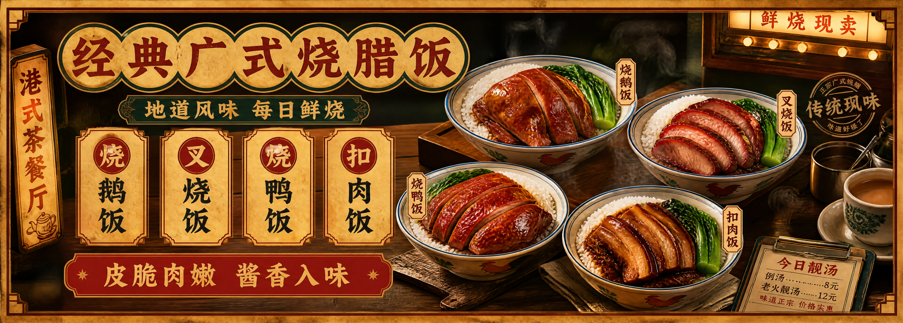 港式茶餐厅复古烟火风烧腊菜单海报，主标题“经典广式烧腊饭”，副标题“地道风味 每日鲜烧”，菜单文字包含“烧鹅饭” “叉烧饭” “烧鸭饭” “扣肉饭”，卖点“皮脆肉嫩 酱香入味”。写实商业摄影风格，暖光预览效果
