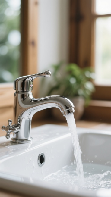 一张以不同画面的水龙头为背景的写实风格摄影照片，画面主体为一个亮银色的金属水龙头，水龙头正流出清澈的水流，水流在白色的洗手池表面形成柔和的水花和水痕。水龙头设计有精致的旋钮和弯曲的出水口，金属表面光滑且有细腻的反光，展现出良好的质感。背景中可以看到模糊的绿色植物和木质纹理，光线从左侧窗户射入，形成柔和的自然光效果，整体氛围清新、宁静、生活化，具有温暖的居家感。画面焦点清晰地落在水龙头和水流上，……预览效果
