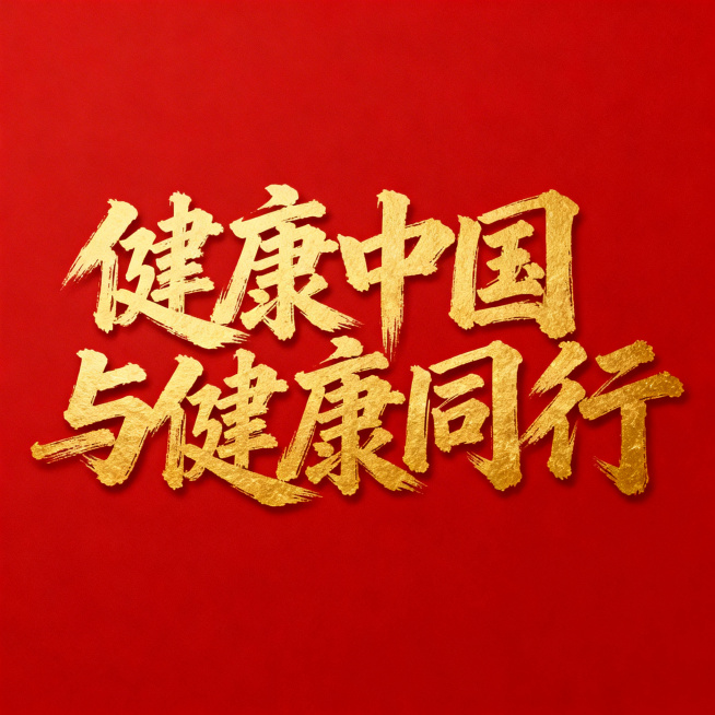 画面为纯红色背景，正中央是苍劲有力、大气磅礴、气势恢宏的金色书法字体“健康中国与健康同行”，字体有厚重的笔触质感，整体风格庄重正式预览效果