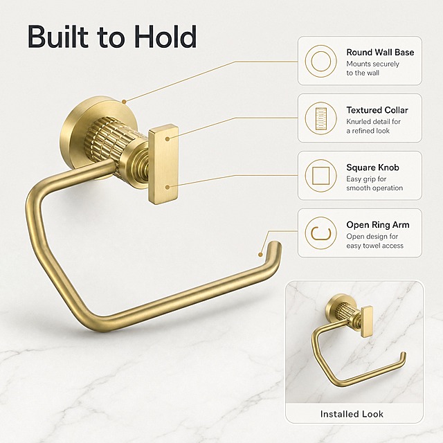 [主图-2] 金色浴室手巾环（Gold Towel Ring）结构与固定方式信息图，唯一任务是讲清圆形底座、滚花圆柱轴套、方形旋钮与开口环臂的结构组成以及墙面固定完成态。
[统一基调] 现代极简高端卫浴电商信息图：背景主色浅灰米白 #F2F0EB 与白色大理石纹，标题字色深石墨灰 #2E3238，辅助字色中灰 #6B7178，强调色香槟金 #C8A96A；只使用一款无衬线字体，仅字号层级变化，不混用字体、不拉伸压扁；组件统一为 8px 圆角细描边卡片、1px 浅灰描边、细线引线配金色圆点、线性金色小图标。
[画面] 左右分栏构图，左侧放产品 3/4 俯视大角度主体，右侧竖排四张英文引线标签卡片，分别用细引线准确指向圆形底座、滚花圆柱轴套、方形旋钮与开口环臂，卡片文字依次为 "Round Wall Base"、"Textured Collar"、"Square Knob"、"Open Ring Arm"；右下角嵌一个圆角小窗，展示产品已固定在白色大理石纹墙面上的安装完成态，小窗底部带 "Installed Look" 标注；产品保持与输入图一致的外观、结构、材质、颜色，不虚构螺丝、孔位、电镀层数或承重数值。
[光影质感] 明亮通透顶侧光，金属金色高光干净，1px 浅灰引线端点为金色圆点并在零件表面准确落点，卡片与主体之间留白充足；小窗沿用同一光向，墙面有自然浅影与真实接触感。
[配色] 浅灰米白底加一块白色大理石纹区域，辅助色只用中灰文字与香槟金引线，不引入其他彩色。
[文字版式] 标题 "Built to Hold" 置左上、字号最大，四条标签说明字号为标题 50% 以下；全部横排、无逗号、不使用中文与"主标题/卖点"等说明词。
[输出要求] 1:1 正方形，引线不遮挡主体；负向：变形、错字、重复引线、标签错位、模糊、水印、平台 Logo、中文内容。