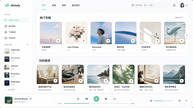 重新设计一个现代简约风格的音乐网站首页，顶部有导航栏，左侧是播放列表，中间区域展示热门专辑封面，底部有播放控制栏，整体采用浅色清新风格，界面干净明亮，结合卡片式设计，营造舒适文艺的音乐氛围