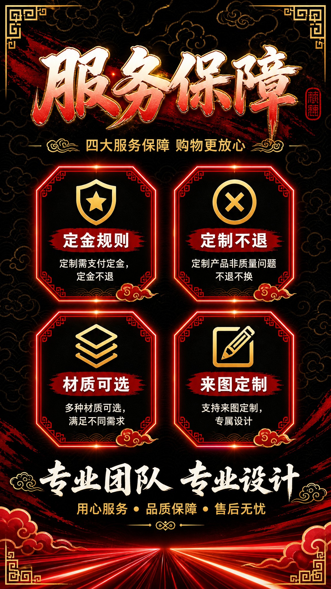 [详情页第7张] 国潮风格服务保障，9:16竖版，不放车图。… - 图片创意预览