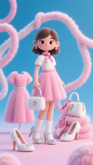 卡通时尚美少女，穿着粉色裙子，白色镶钻高跟鞋，手提时尚包包，脖带丝巾，她身上的所有物品：粉色裙子，白色镶钻高跟鞋，时尚包包，丝巾等物件有层次的摆放展示在旁边。突显个性化与潮流风格。渐变的粉蓝色为背景，预览效果