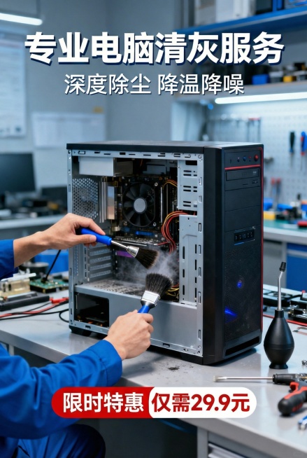 去掉人物头像，仅保留手部清理电脑的动作，将底部价格文字改为"仅需29.9元"，其余元素和风格保持不变预览效果