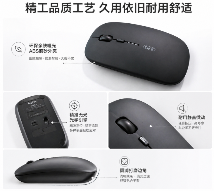 主标题 "精工品质工艺 久用依旧耐用舒适"，鼠标多角度机身细节工艺展示，纯白干净产品特写专属背景，标注环保亲肤哑光ABS磨砂外壳、精准无光光学引擎、耐用静音微动、圆润打磨边角，专业产品摄影柔光，清晰凸预览效果