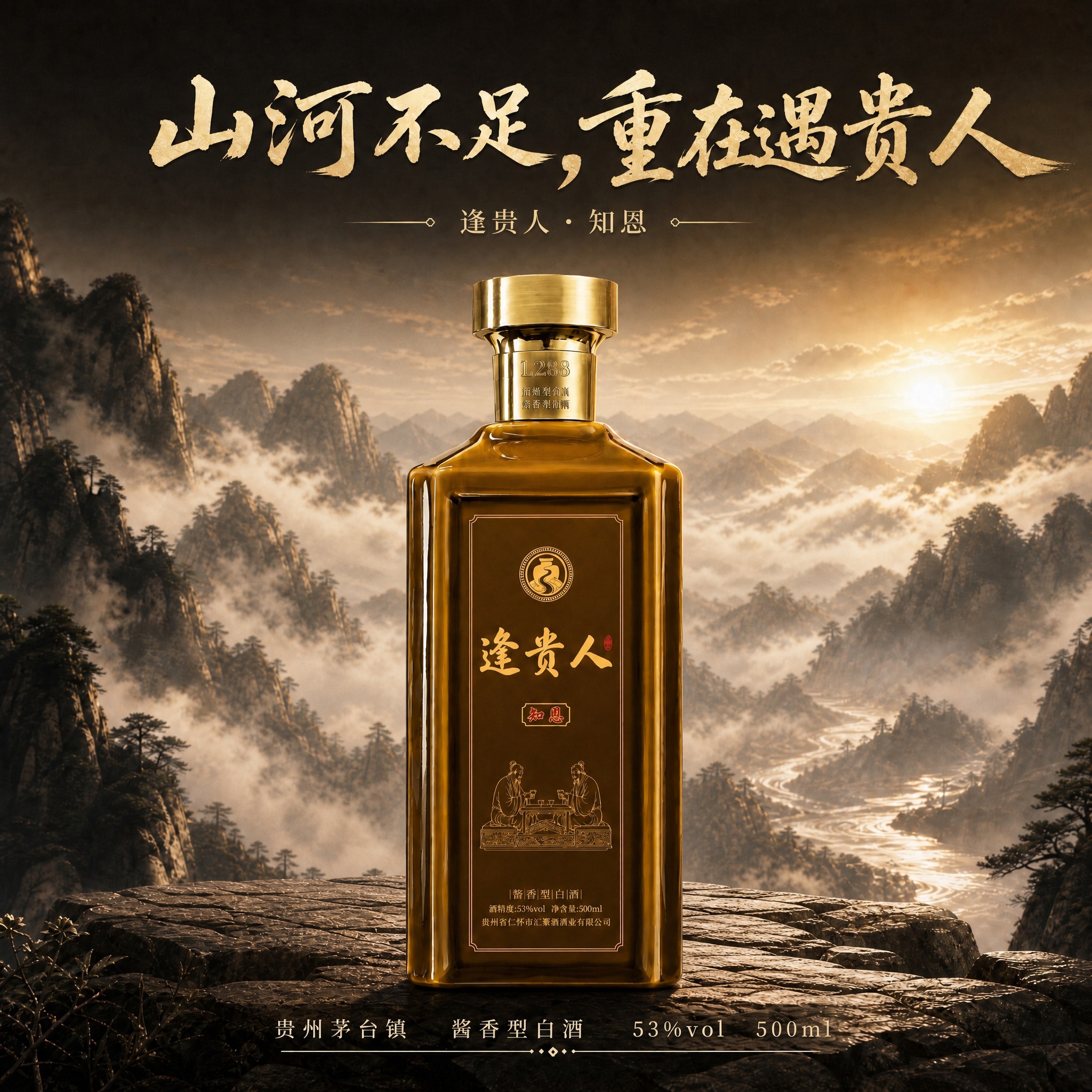 移除画面中的包装盒，只保留单瓶逢贵人知恩白酒。酒瓶居中放大，占… - 图片创意预览