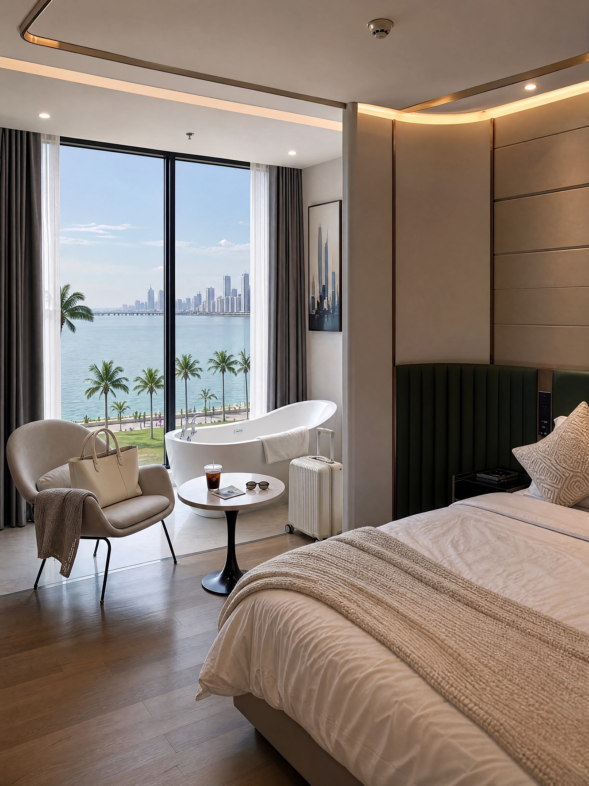 珠海海景酒店客房带浴缸区域，保持原始空间结构与家具布局不变，调… - 图片创意预览