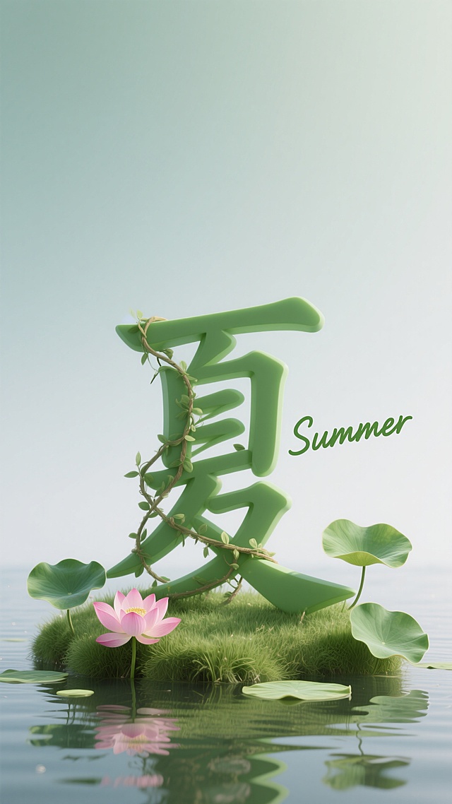 主题为一个由“草坪，荷花，荷叶，藤曼“装饰而成的立体艺术汉字“夏”，漂浮在平静的水面上，副标题是绿色流畅手写体英文“Summer”极简构图，大面积留白，高级渐变背景
