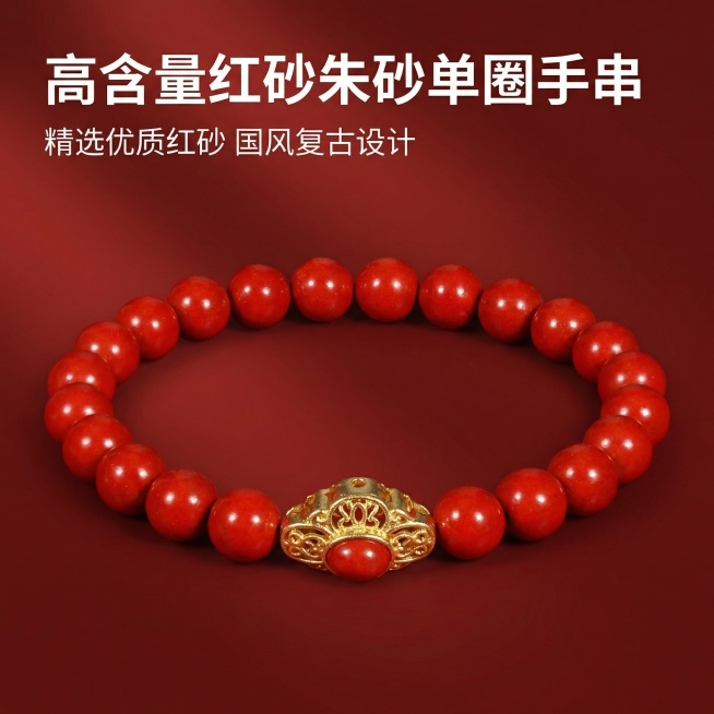 [主图 1] 高含量红砂朱砂单圈手串产品首图
[氛围/风格]国风复古质感，高端实物实拍，专业通透光影
[画面元素]红砂朱砂手串居中完整展示，产品外观保持和原图完全一致，红色朱砂圆珠搭配古法金镂空花型配预览效果