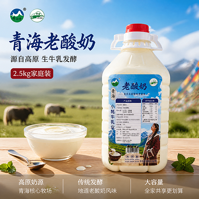 [主图-1] 青海老酸奶家庭装首图，食欲感与高原纯净氛围。
[氛围风格] 高原自然清新风，温馨餐桌场景，干净通透有食欲，商业摄影质感。
[画质] 超高清商业摄影质感、光线柔和通透、产品清晰真实、画面干净高级、奶体质感细腻。
[元素] 2.5kg大桶装青海老酸奶居中偏右摆放，桶身标签完整清晰，红色瓶盖与白色提手完好；左侧搭配一只玻璃碗，碗中盛满浓稠老酸奶，表面有自然奶皮光泽，旁边放一把金属小勺；背景为青海草原与蓝天远山的虚化场景，远处可见隐约的牦牛与经幡，传递高原产地氛围；桌面为浅木色餐桌，散落几滴奶滴与几片薄荷叶点缀。**保持桶装老酸奶产品外观（即物理结构、材质质感、颜色、标签图案）与输入产品图一致，杜绝任何变形和色差，精细化处理**。商品主体占比约65%；画面满屏无边框。
[光影] 自然暖阳侧逆光，从右后方打亮奶体通透感与桶身轮廓，奶皮表面有柔和高光；左侧柔光补光减少阴影，整体明亮温暖，有高原阳光的通透感，高光不溢、暗部有层次。
[配色] 主色奶白色+天蓝色；辅色草原绿、暖木色；强调色藏红色（点缀）。
[视角构图] 平视微俯视角，产品与酸奶碗为视觉中心；前中后景分层，景深中等，背景草原蓝天虚化突出主体。
[文字版式] 左上负空间左对齐留安全边距。主标题大字"青海老酸奶"，深蓝色粗体书法风格，字号最大；下方辅助文案"源自高原 生牛乳发酵"，白色细黑体约半高；再下方"2.5kg家庭装"，藏红色小标签带内边距。底部通栏半透明渐变蒙层均分三列，白字左对齐：列一「高原奶源」「青海核心牧场」列二「传统发酵」「地道老酸奶风味」列三「大容量」「全家共享更划算」。左上角放置从产品提取的品牌Logo，保持原字形与配色。
[输出要求] 1:1比例，文字清晰锐利可辨，超高清商业摄影质感。
[负向提示词] 变形，文字错乱，产品图模糊，背景杂乱，水印，电商平台Logo，多余的手，畸形手，人物面部扭曲。