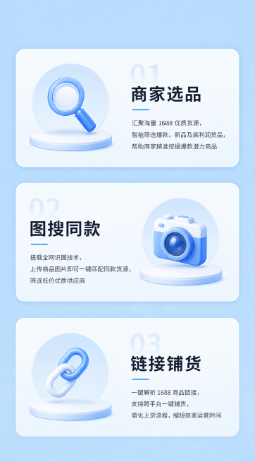 简约商务风竖版商业长图海报，整体底色为#93C7FC浅天蓝色，无任何logo和小红书标识，排版干净高级。展示三个横向功能模块，交替布局：功能1图标居左文字居右，放大镜图标配“商家选品”，描述“汇聚海量预览效果