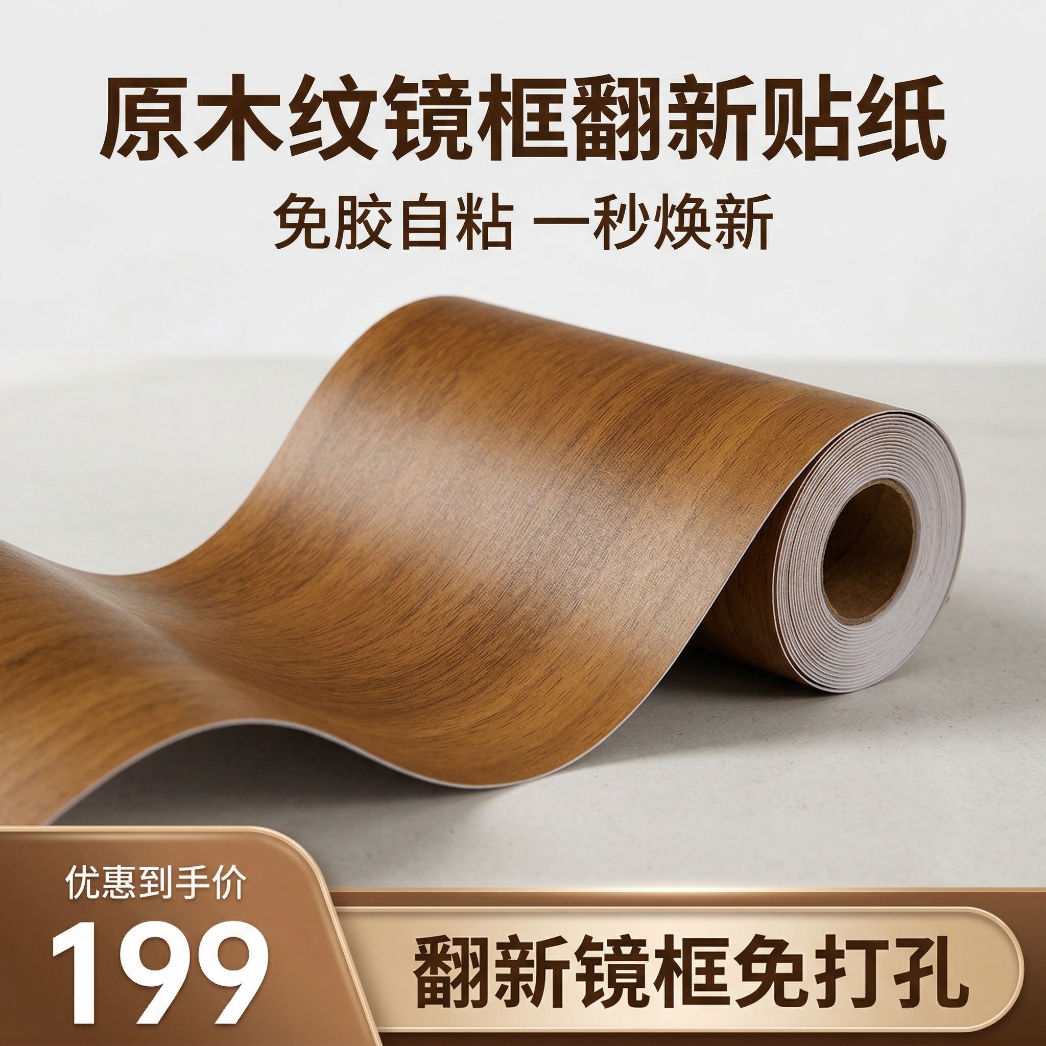 严格还原上传的暖棕色自粘木纹装饰贴纸产品细节，保留纹理质感、卷… - 图片创意预览
