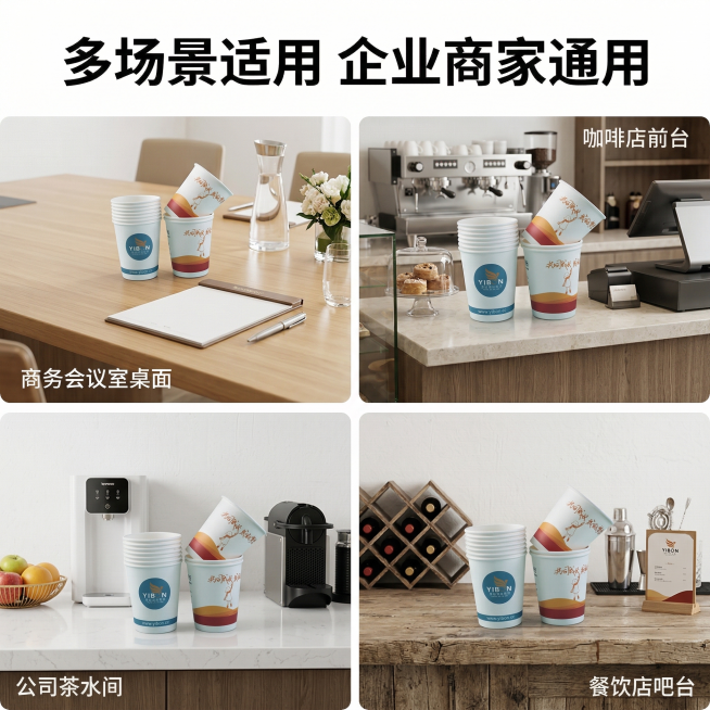 [主图 4 多场景适用展示]
[主图主题]定制纸杯适用场景展示
[氛围/风格]生活化真实场景，整洁明亮，贴近生活
[画面元素]四宫格拼图展示不同使用场景，分别是商务会议室桌面、咖啡店前台、公司茶水间、预览效果