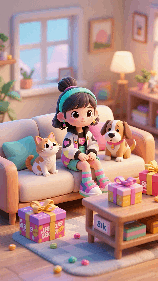 家里沙发上，潮酷小女孩，猫猫，狗狗，促销礼盒