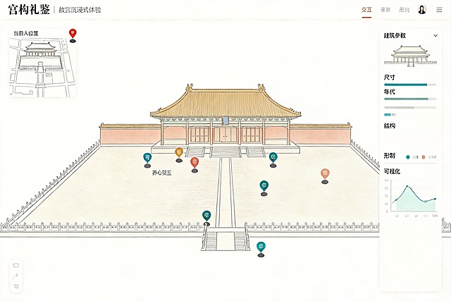 将中间主区域改为养心殿第一人称视角手绘并上色，左上角保留标注当前人物位置的故宫简笔缩略小地图，右侧保留包含建筑参数（尺寸、年代、结构、形制）与简约可视化图表的信息面板，整体为淡彩简笔手绘风，极简线条，白色背景，界面干净克制，国风淡雅，低饱和度，UI布局工整，扁平极简，适配「宫构礼鉴」，适合网页展示