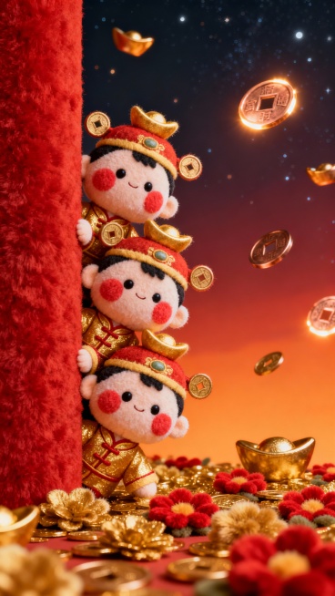 毛绒质感的发财主题插画，三个穿着传统金色唐装、头戴元宝造型帽子的圆脸红腮毛绒娃娃，堆叠着从左侧红色毛绒柱子后探出头，背景是渐变的暖橙色到深红色夜空，点缀着金色元宝和铜钱形状的发光装饰，地面铺满金色和红色的毛绒花朵，整体光影柔和，营造出喜庆、可爱且富贵的氛围，构图采用三分法，主体突出，色彩温暖和谐，充满节日发财的欢快气息。预览效果