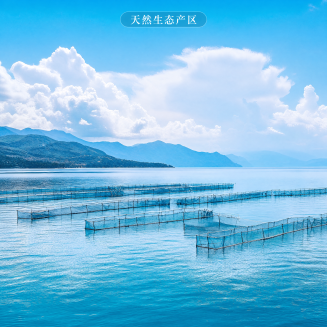 [主图-4] 产地生态全景展示图
[氛围风格] 开阔自然原生态养殖产区氛围
[画质] 商业摄影质感、光线明亮通透、画面清晰真实、高级干净
[元素] 全景展示原图辽阔湖区养殖场景，从近到远网箱依次排列，预览效果