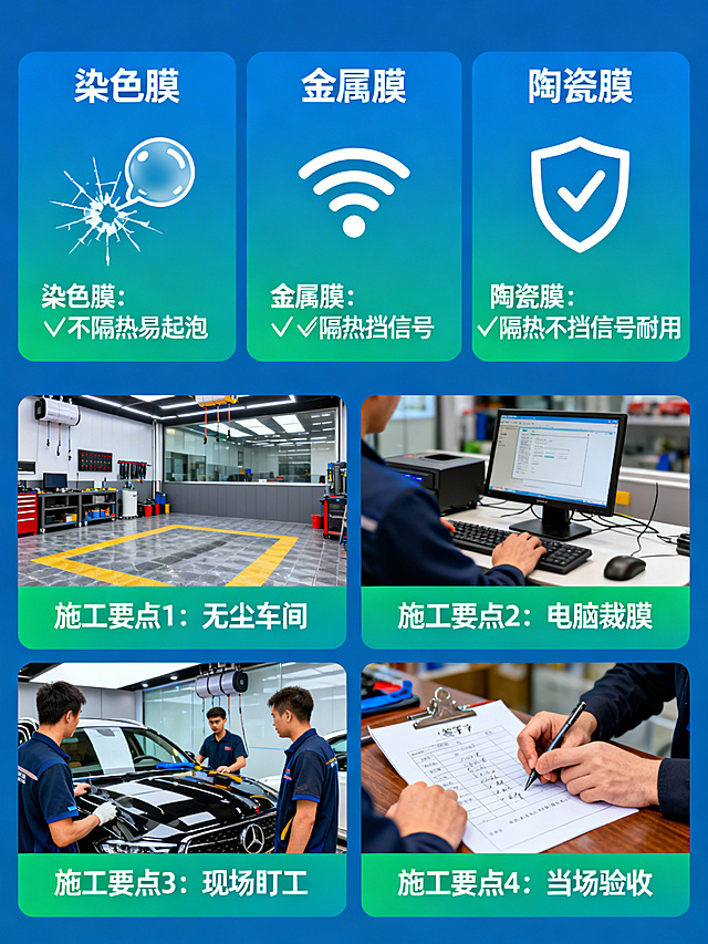 汽车贴膜膜类对比与施工注意事项图，上半部分对比染色膜（❌不隔热易起泡）、金属膜（⚠️隔热挡信号）、陶瓷膜（✅隔热不挡信号耐用），下半部分列施工四要点：无尘车间、电脑裁膜、现场盯工、当场验收，用图标和简洁文字呈现
