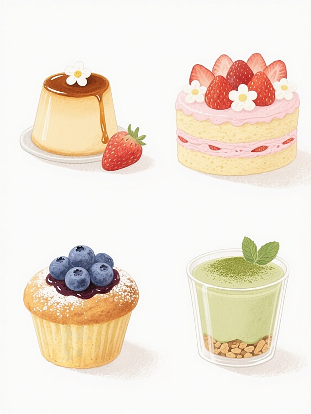 系列下午茶甜点插画，水彩质感手绘风格，柔和色彩过渡，细腻笔触纹理，纯白色纯色背景，2x2网格布局规整排布四个完全不同的下午茶元素。左上角：焦糖布丁，米黄色布丁体，顶部淋有棕色焦糖酱，点缀一片新鲜草莓和一朵白色小花；右上角：草莓奶油蛋糕，双层海绵蛋糕夹着粉色奶油，表面铺满新鲜草莓和白色奶油花；左下角：蓝莓马芬，金黄色蛋糕体，顶部有蓝莓果酱和新鲜蓝莓，撒有白色糖粉；右下角：抹茶慕斯杯，透明玻璃杯内是浅绿色抹茶慕斯，底层有饼干碎，顶部装饰抹茶粉和一片薄荷叶。每个甜点都有精致的细节和柔和的光影效果，整体风格统一，色彩和谐，充满温馨甜美的氛围。