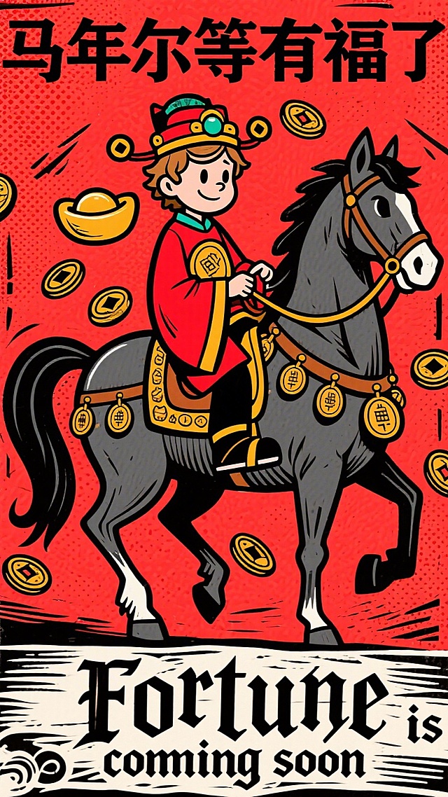 喜庆红底配卡通人物骑马，插画风融合漫画元素，金币环绕，印刷感十足，传递马年好运祝福。