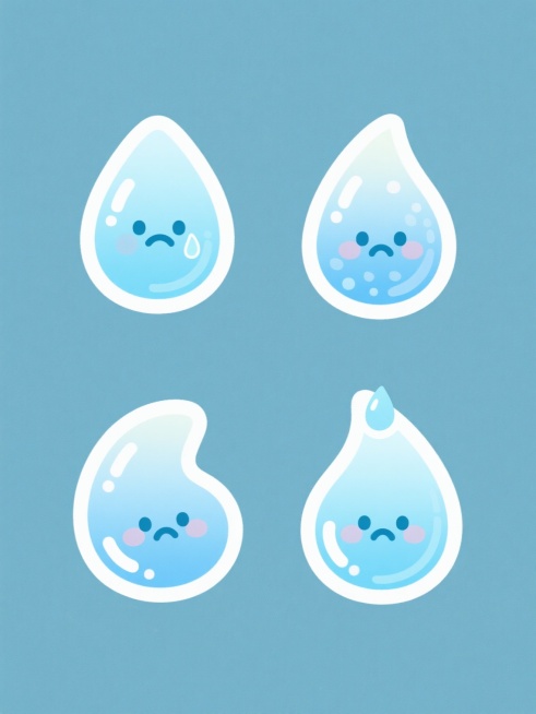 纯色背景上，一套四个完全不同造型的雨滴元素集合，保持圆润可爱的卡通手绘风格，水滴采用渐变的浅蓝色调，带有高光和阴影细节增强立体感，每个雨滴造型独特（如：一滴泪珠状雨滴、一滴带有小气泡的雨滴、一滴微微扭曲的雨滴、一滴顶部带小尖的雨滴），所有雨滴元素规整地呈矩阵式排布，整体画面简洁明快，充满童趣，视觉风格统一。预览效果