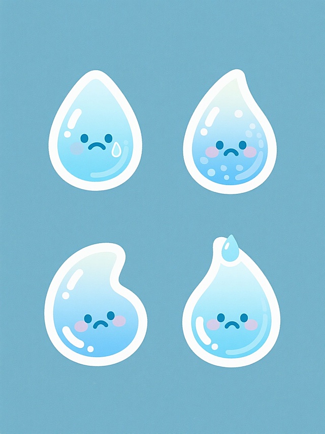 纯色背景上，一套四个完全不同造型的雨滴元素集合，保持圆润可爱的卡通手绘风格，水滴采用渐变的浅蓝色调，带有高光和阴影细节增强立体感，每个雨滴造型独特（如：一滴泪珠状雨滴、一滴带有小气泡的雨滴、一滴微微扭曲的雨滴、一滴顶部带小尖的雨滴），所有雨滴元素规整地呈矩阵式排布，整体画面简洁明快，充满童趣，视觉风格统一。