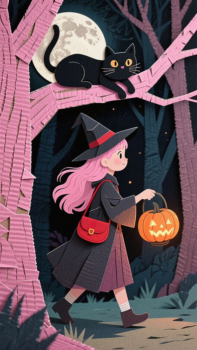粉发女孩穿着巫师袍背着红色小包，手持南瓜灯笼在夜晚的森林中，背景是一只黑猫在月色下的树上静静的看着她。整体以黑粉色为主色调，营造神秘充满万圣节童话氛围