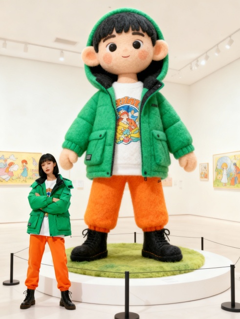 把图片主体做成充满创意和梦幻色彩的绘本风格的巨型毛毡艺术卡通风格雕塑放置在画面中心（主体的穿搭保持不变），主体站在一旁欣赏（与巨型主体形成比例反差），围栏隔离展示，背景是明亮的艺术展厅预览效果
