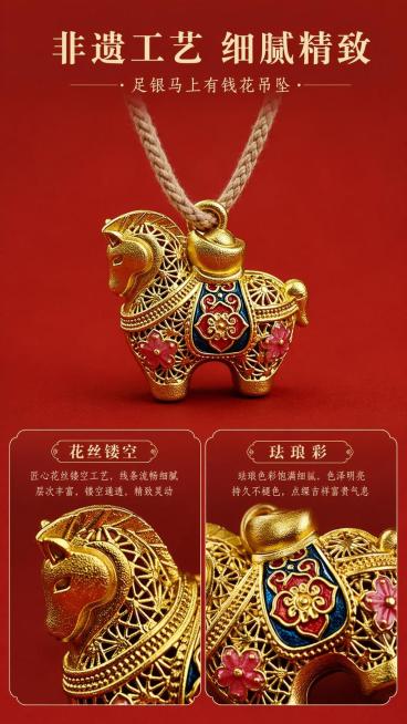 [第4屏] 产品展示与细节工艺页，展示足银马上有钱花吊坠的花丝镂空与珐琅彩细节。本屏使用【图4】作为主体展示，结合细节放大。
[氛围/风格] 微距特写质感，突出精致工艺，红金搭配高级感。
[元素布局]预览效果