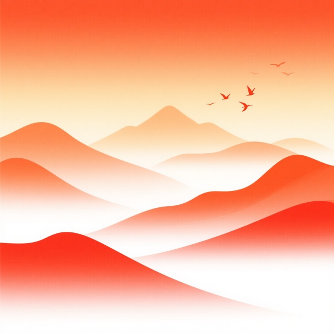 党建主题海报，白色背景，采用简约现代的插画风格，以渐变的橙红色为主色调，营造庄重而充满希望的氛围。画面中以流畅的曲线勾勒出层叠起伏的山峦剪影，远处的山峰颜色较浅呈暖橙色，近处的山峰颜色较深呈鲜红色，形成鲜明的层次感和空间感。天空部分从地平线向上由橙红色渐变为柔和的浅黄色，几只展翅的飞鸟点缀在天际，增添画面的灵动性。整体构图采用对称与平衡的美学原则，色彩和谐统一，线条简洁流畅，视觉层级清晰，能够……预览效果