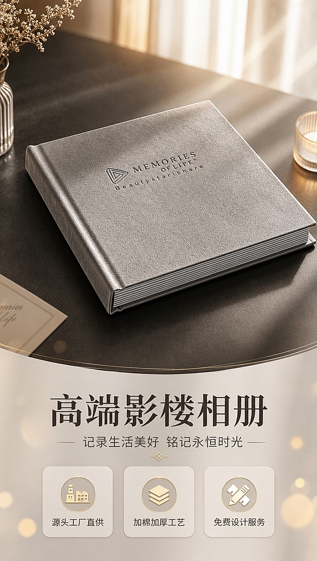 [商品] 使用【图1】灰色皮质封面高端影楼相册；保留方形硬壳装帧、灰色仿皮纹理材质、封面压印"MEMORIES OF LIFE Beautystarishare"英文及三角形Logo、书脊厚度、内页多层白边结构；增强皮质纹理质感与压印工艺立体感，不改变产品颜色、结构和比例。
[画面] 目标：氛围头图，高端情感共鸣，突出相册质感与纪念意义。构图：竖版9:16，上半部分产品主视觉，下半部分文案区；产品占画面55%，居中偏上放置，微俯视45度角展示封面与书脊厚度；景别：中景带环境；前景点缀柔和光斑，中景相册主体放置于深色质感桌面，背景虚化暖调窗帘光影；阅读动线：从上到下，先看产品再读文案。
[视觉] 套系策略：风格=高端轻奢商业摄影+温暖氛围感；标题字=现代衬线粗体+优雅气质；正文字=简洁无衬线体；主色=高级灰+暖棕调；背景延展=深灰质感桌面+暖米色光影渐变，同色系深浅层级；强调色=暖金色，仅用于小面积图标、引线和装饰线条；标题色=深炭灰；正文色=中暖灰；组件=圆角浅底信息卡、细金线引线、优雅分割线；光影=右前侧暖柔光，侧逆光勾勒产品轮廓，皮质表面有细腻高光。
[文字] 顶部主标题"高端影楼相册"（7字），副标题"记录生活美好 铭记永恒时光"（12字）；下方3个短卖点：源头工厂直供、加棉加厚工艺、免费设计服务；文字区位于画面下半部居中，不遮挡相册主体和封面Logo；所有文字横向排版，字号保证手机端清晰可读。
[规格] 图片比例9:16竖版，4K分辨率，拼多多详情页风格；避免变形、错字、文字过小、冷蓝背景、产品颜色改变、皮质纹理失真、绝对化用语。