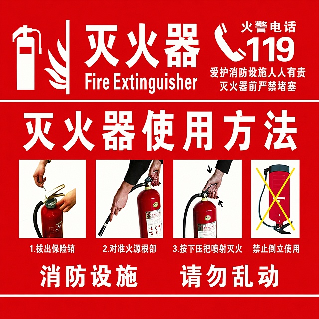 生成一张灭火器使用方法标识海报，红色背景，内容和参考图完全一致：顶部左侧是白色灭火器图标和大字'灭火器'，右侧是电话图标、'火警电话 119'，小字'爱护消防设施人人有责 灭火器前严禁堵塞'；中间大字'灭火器使用方法'，下方四个步骤图示分别是：1.拔出保险销，2.对准火源根部，3.按下压把喷射灭火，禁止倒立使用；底部文字'消防设施 请勿乱动'，全部文字内容和排版和参考图保持一致，风格清晰正规