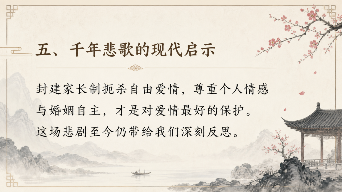 PPT内容页，标题“五、千年悲歌的现代启示”，正文文字“封建家长制扼杀自由爱情，尊重个人情感与婚姻自主，才是对爱情最好的保护。这场悲剧至今仍带给我们深刻反思。”，古风文雅风格，字体清晰，排版简洁，符合预览效果