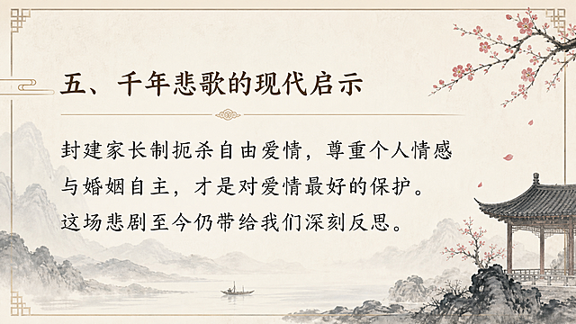 PPT内容页，标题“五、千年悲歌的现代启示”，正文文字“封建家长制扼杀自由爱情，尊重个人情感与婚姻自主，才是对爱情最好的保护。这场悲剧至今仍带给我们深刻反思。”，古风文雅风格，字体清晰，排版简洁，符合主题