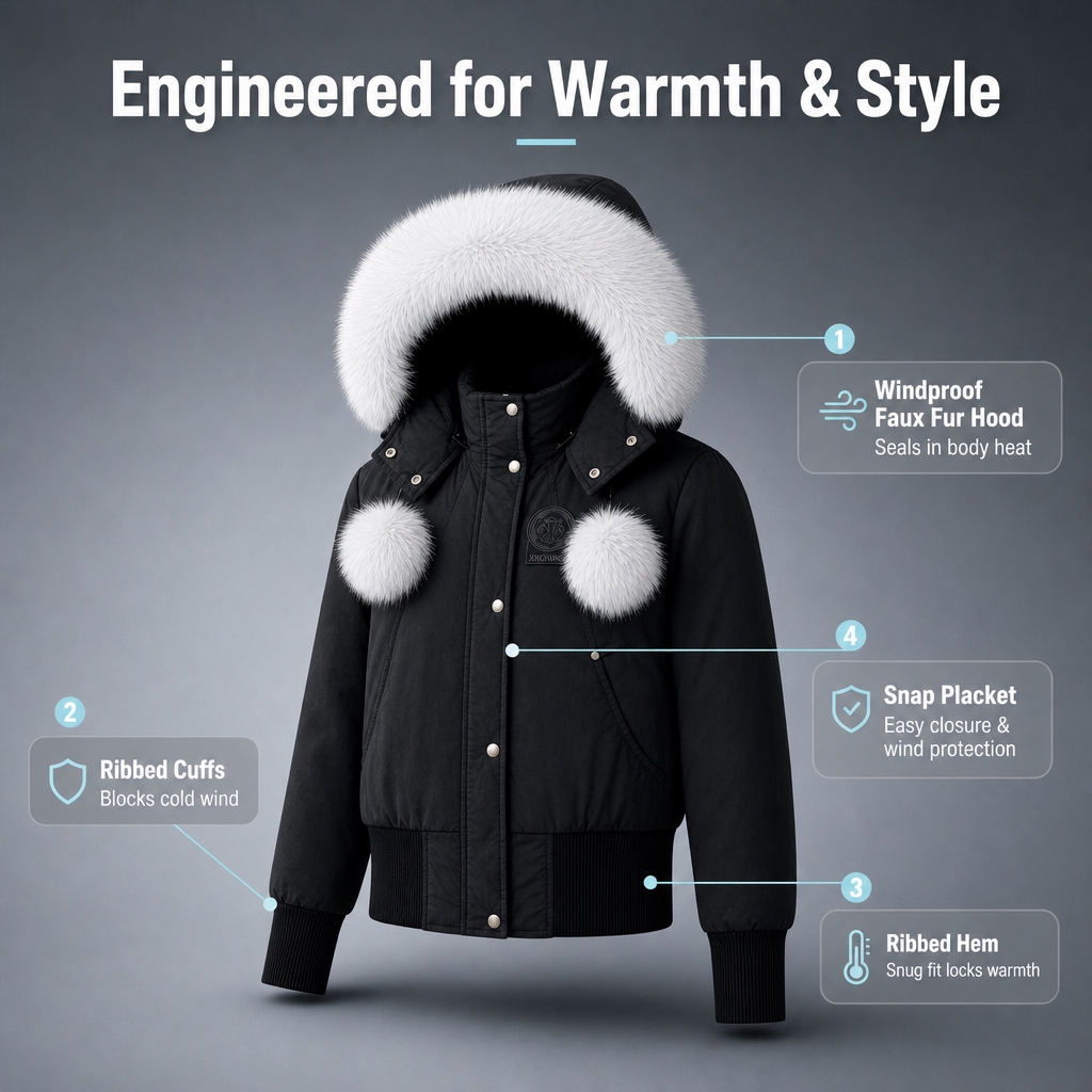 [商品] 使用【图1】黑色短款毛领连帽棉服；商品处理：保留连帽… - 图片创意预览