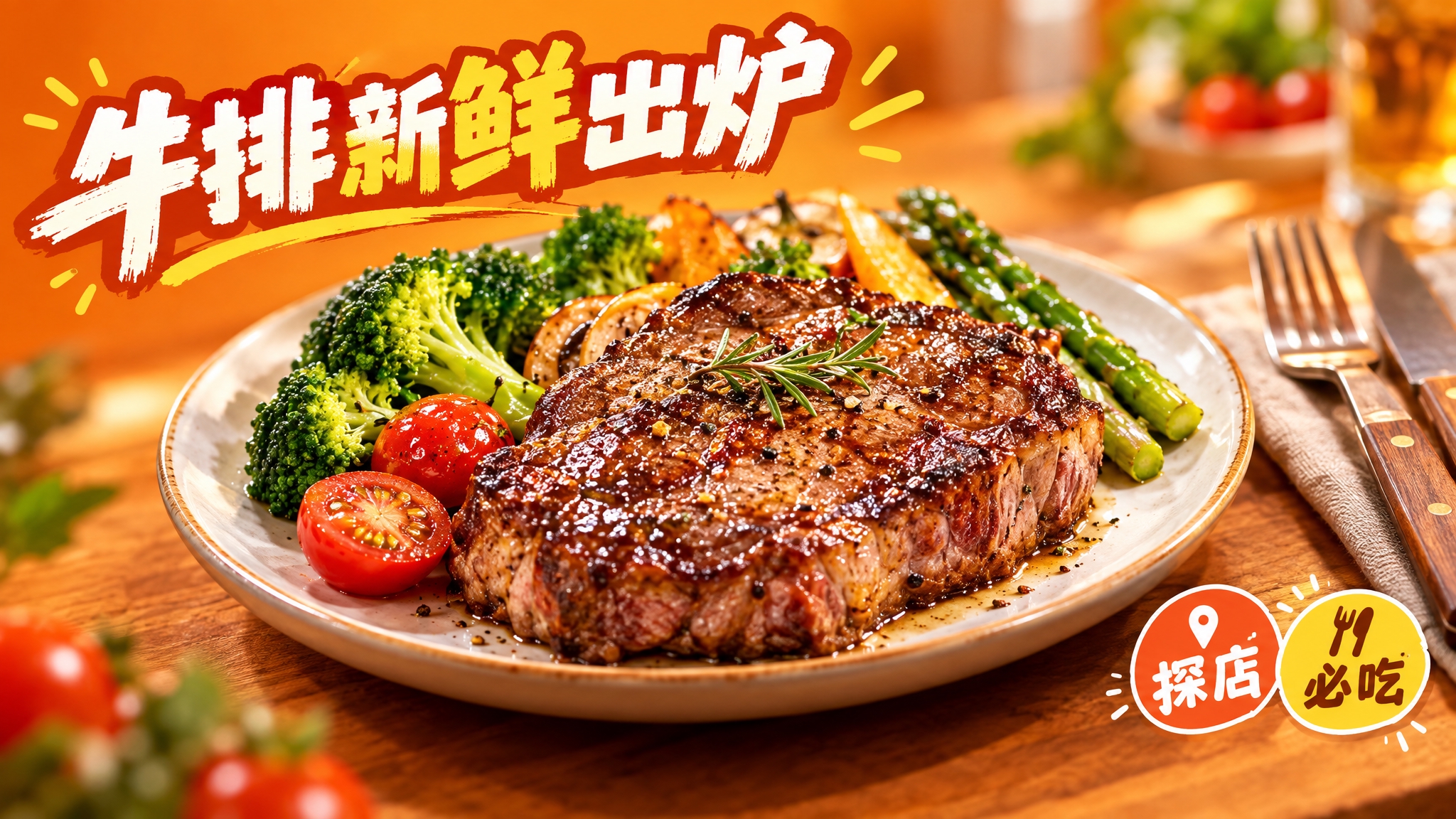 活力美食风格，暖橙色背景，画面中心是一盘色泽诱人的牛排，牛排表… - 图片创意预览