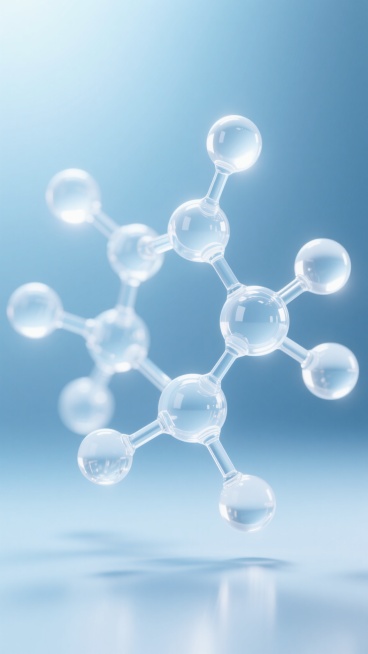 一张具有未来感和科技感的3D渲染分子结构图像，整体呈现出纯净的浅蓝色调，搭配柔和的白色高光和透明的玻璃质感，分子结构由多个透明的球体和连接的杆状结构组成，悬浮在朦胧的浅蓝色背景中，光线从上方照射下来，在分子结构上形成明亮的反光和柔和的阴影，营造出轻盈、通透、高科技的氛围，没有任何文字和标志。预览效果