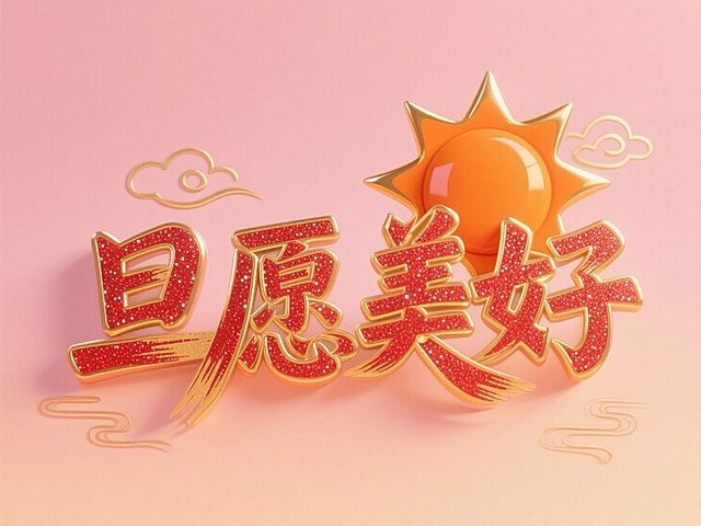 “旦愿美好” 立体艺术字，连贯的装饰性字体：橙色小太阳， 柔粉橙渐变色平面背景中，红色闪粉与金色金属的材质；金色用于太阳光芒、字边缘带有金色立体描边，字体表面叠加毛笔笔触纹理，周围点缀细线金色祥云装饰