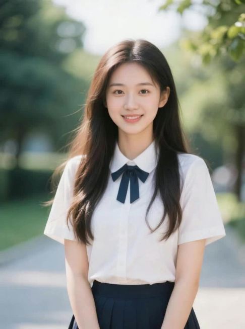 女生站在光影婆娑的校园里，面带微笑，希区柯克式变焦。预览效果