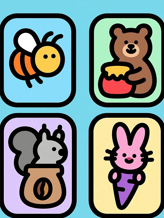 系列卡通图标集合，采用平面插画风格，粗黑色轮廓线，鲜亮纯色填充，无渐变无光影效果，四个规整排布的独立元素，每个元素均为动物与对应物品组合，第一个为橙色蜜蜂与黄色蜂蜜罐，第二个为棕色小熊与红色蜂蜜罐，第三个为灰色松鼠与棕色坚果袋，第四个为粉色兔子与紫色胡萝卜，每个元素背景为不同纯色（浅蓝、浅绿、浅紫、浅黄），整体布局平衡对称，线条简洁明快，色彩鲜明对比，适合儿童或食品相关主题的图标设计。