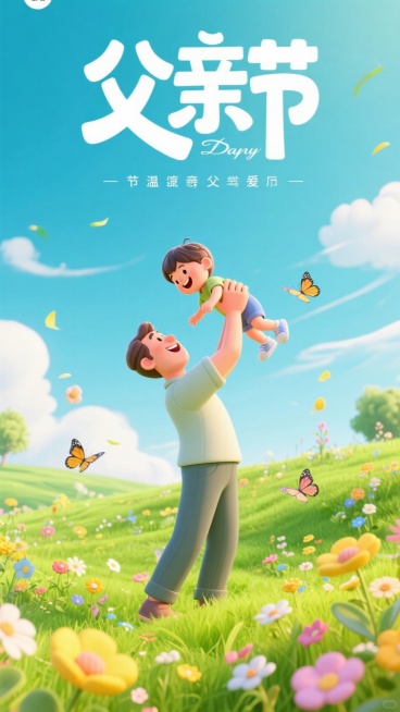 父亲节海报设计，父亲把孩子举向天空，开心的笑，草地，鲜花，蓝天白云，蝴蝶，清风，眼光，标题“父亲节”，小字“他的手掌布满老茧，却把我举向了整片天空”，3D卡通预览效果